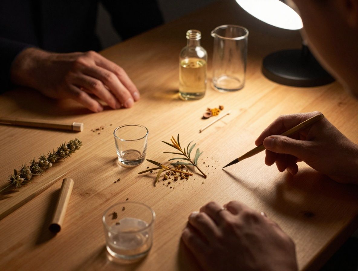 Stillleben mit botanischen Zutaten und Forschungsmaterialien auf einem Holztisch, warmes Seitenlicht beleuchtet die Texturen von Glas und Pflanzenmaterial